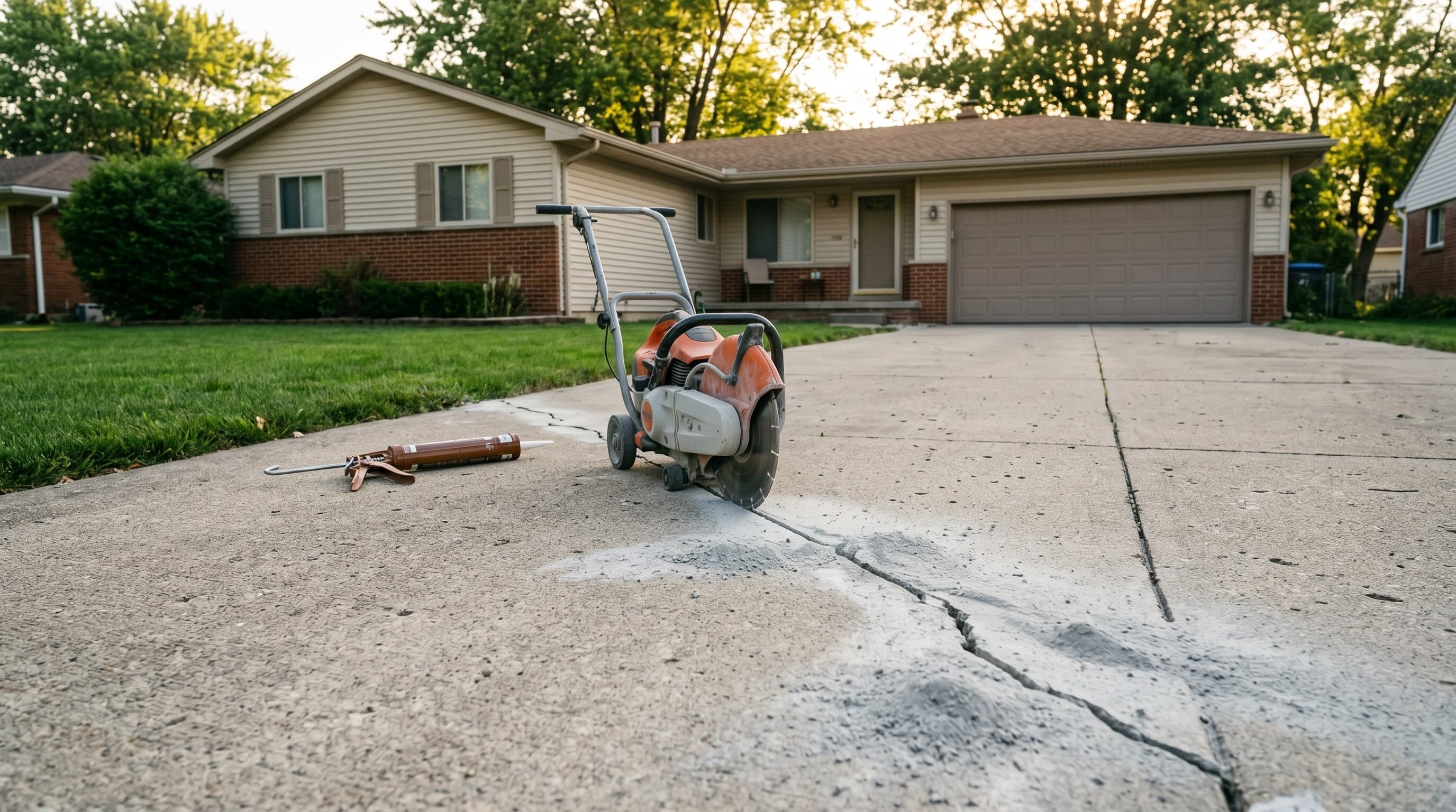 Crack repair in progress on a residential driveway slab.
