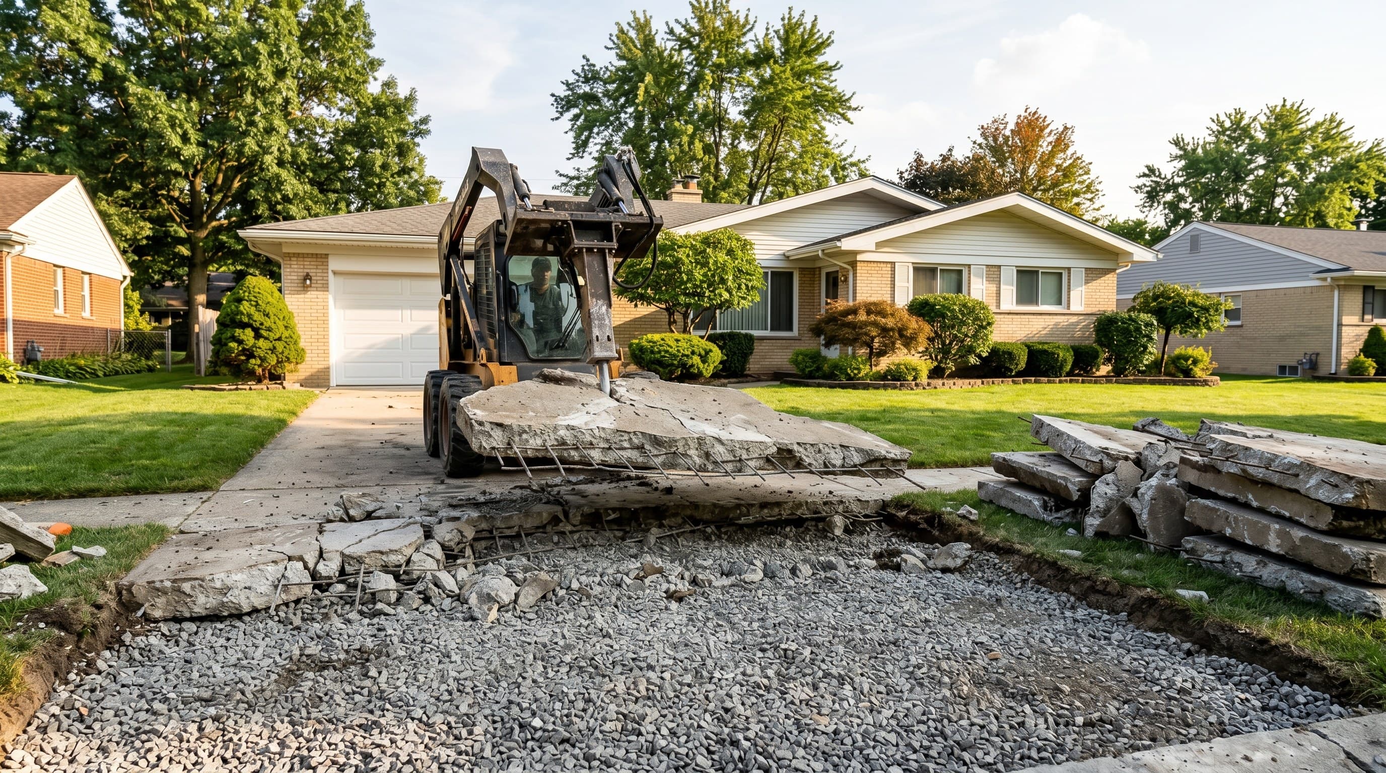 Mid demolition shot with broken slab lifted off the base.