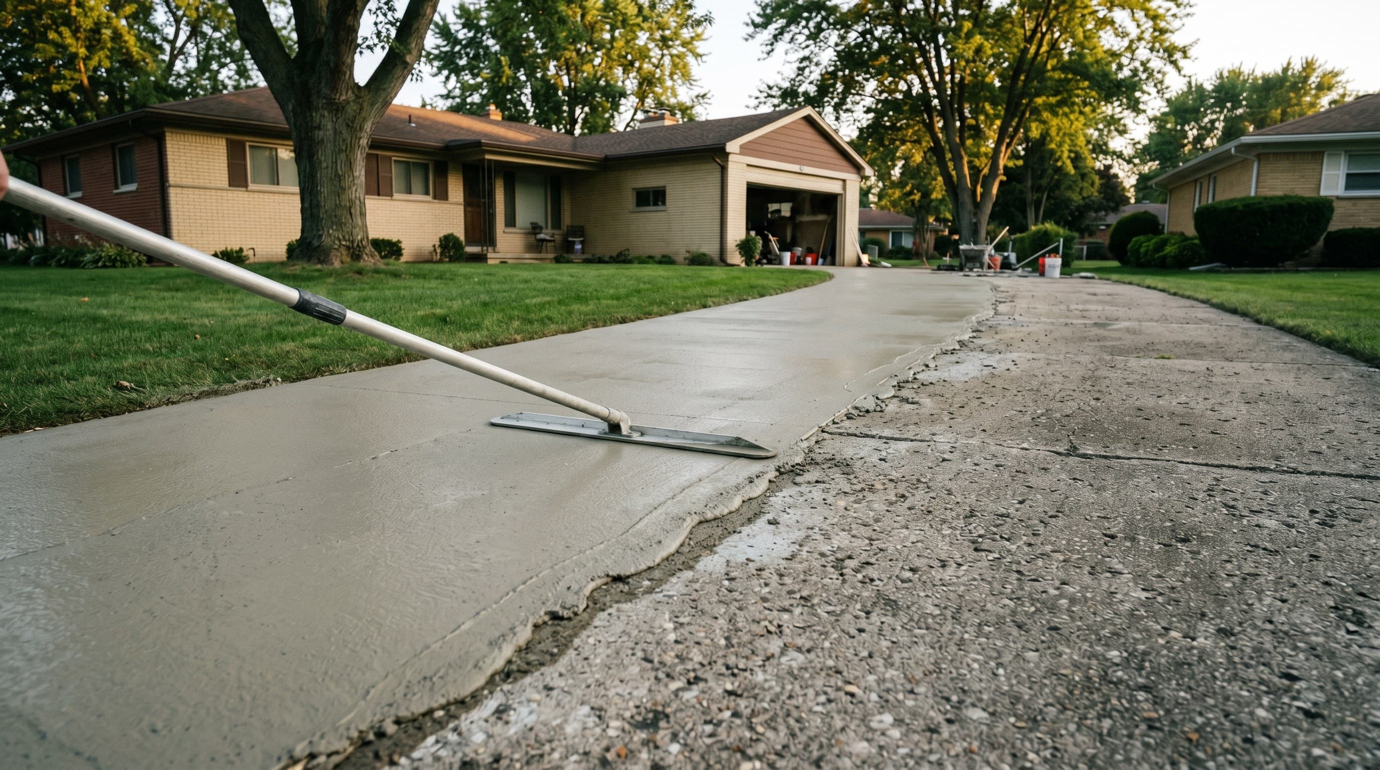 Trowel applied overlay being floated over an existing driveway slab.