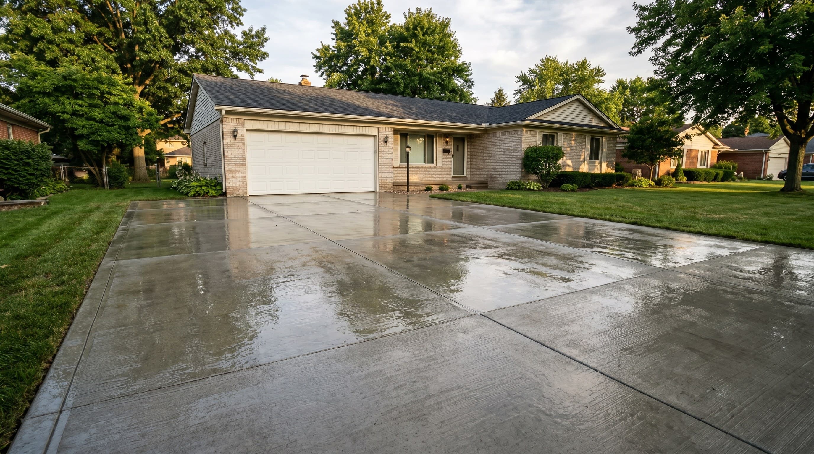 Wet look sealed driveway under low afternoon sun.