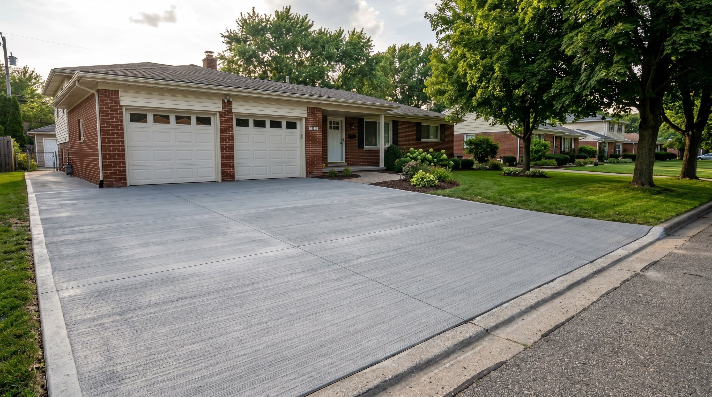 Finished new concrete driveway with broom finish texture.