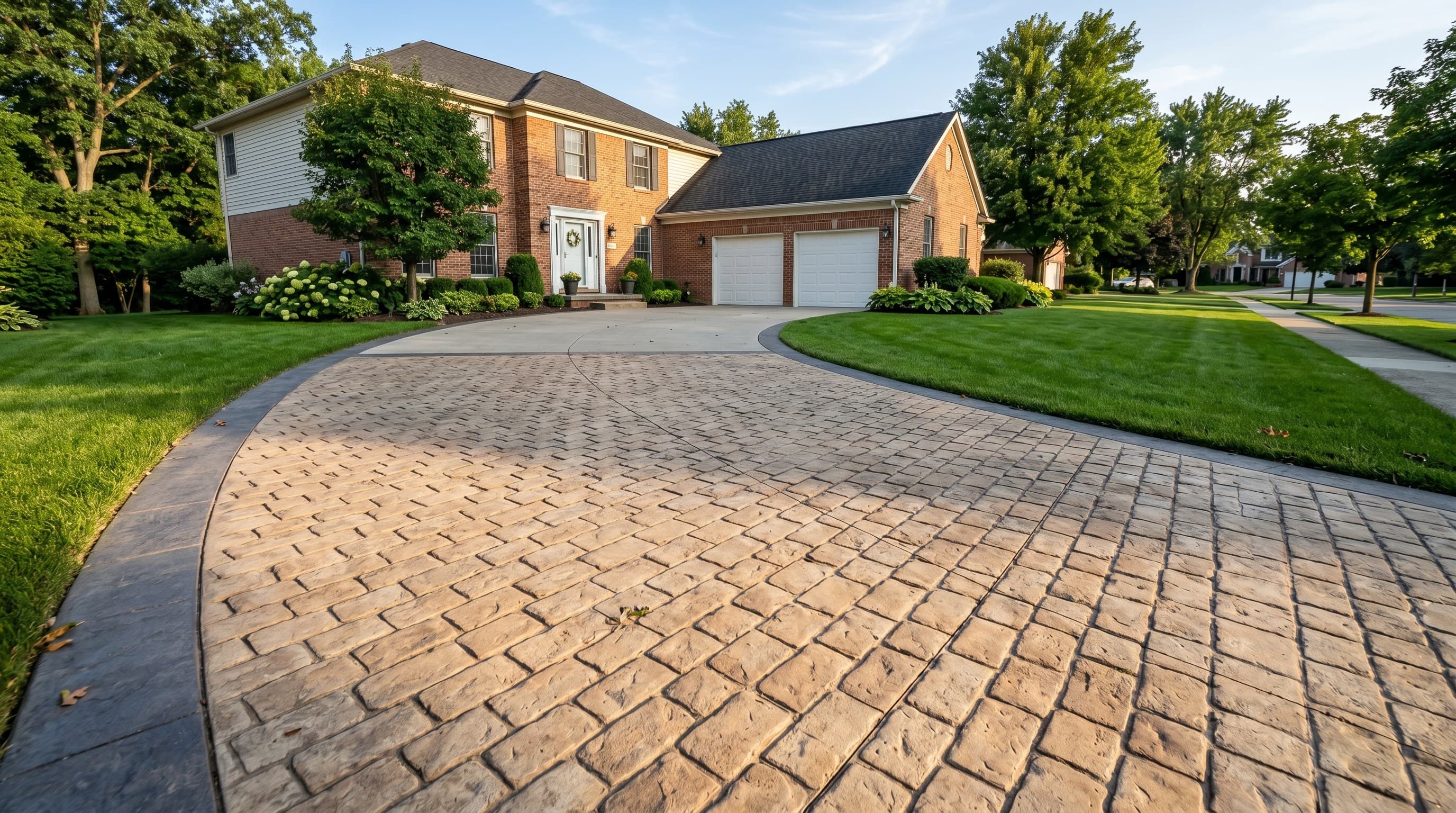 Stamped concrete driveway with cobblestone pattern in warm tones.